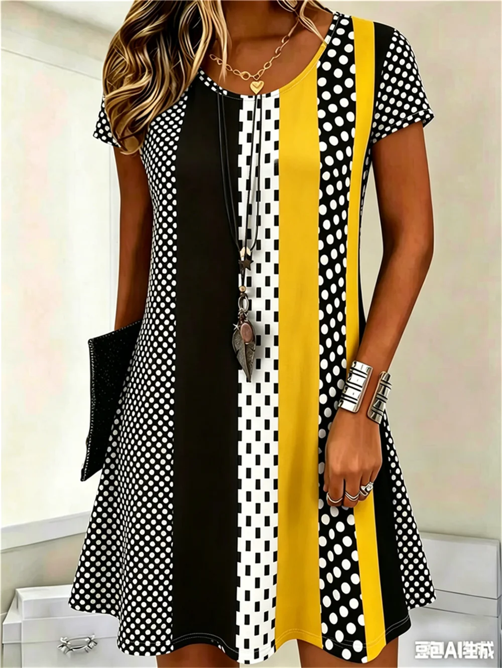 Women Fashion Striped And Dot Pattern Mini Dresses Summer Short Sleeve 3d Printed Ladies Street Dress 3XL Plus Size Casual Dress