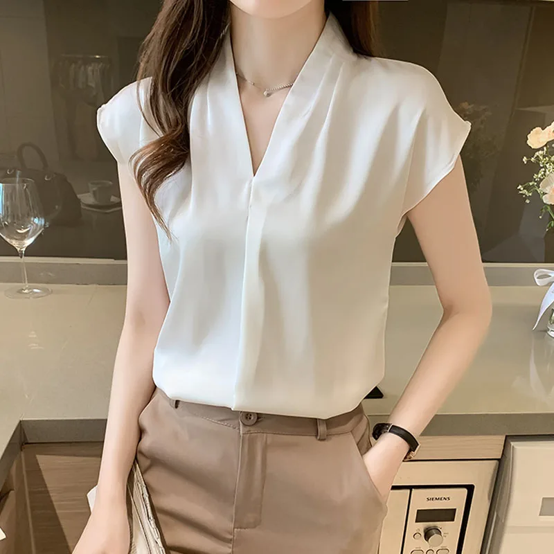 

Camisas De Mujer Women Blouse Shirt Elegant White V-Neck Blouse Shirt Women Tops New Summer Short Sleeve Blouses Shirts Q4725