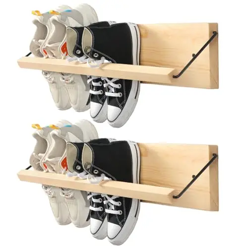 

2-Pack Natural Wood Wall Shoe Shelf, Slim Space-Saving Organizer For Sneakers, Boots, Slippers – Modern Entryway & Hallway