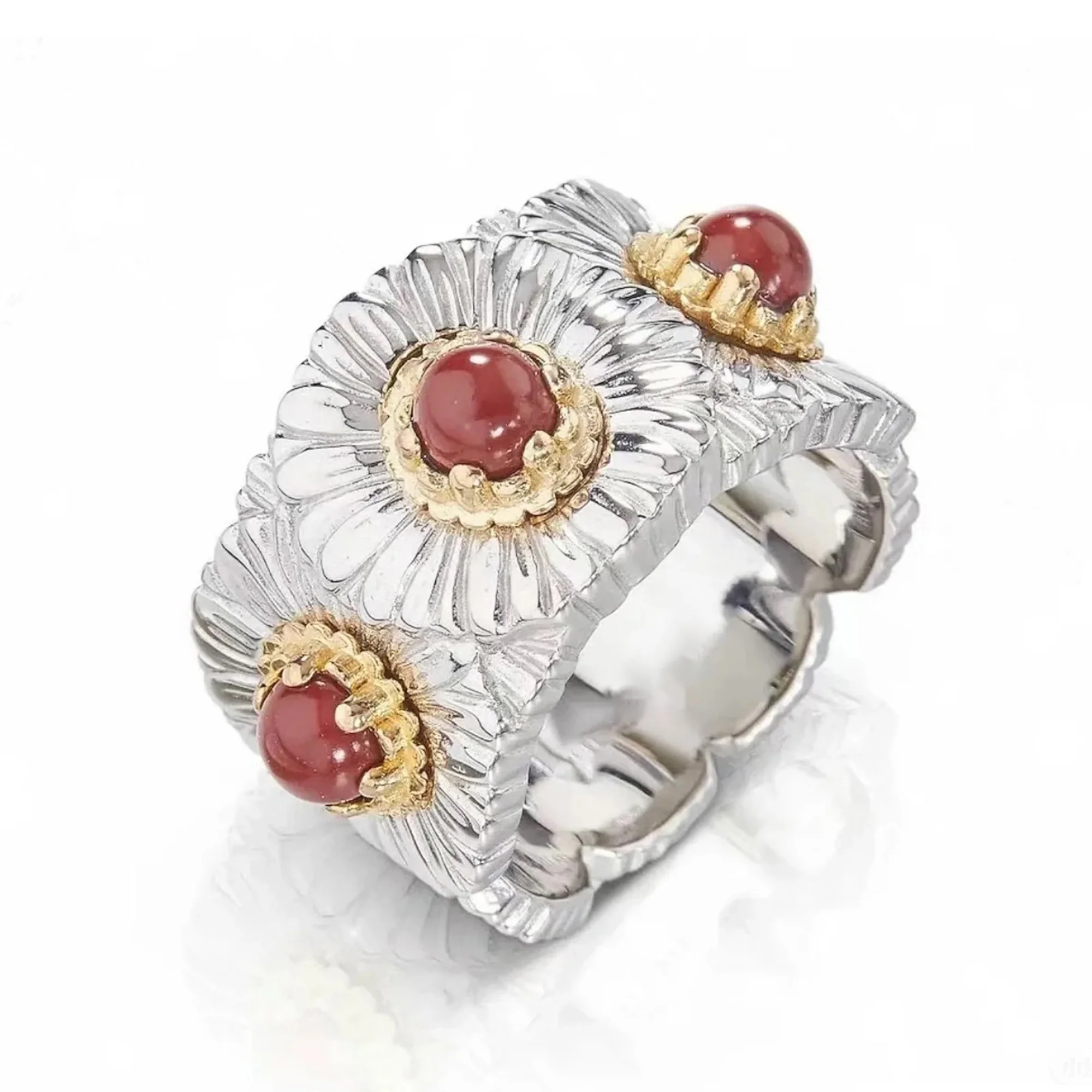 

Vintage Daisy Flower Artificial Red Agate Ring Luxury 925 Sterling Silver Statement Fine Jewelry for Women's Banquet Party Gifts