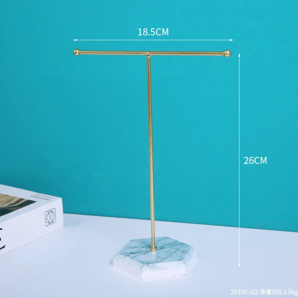 T-shaped Design Jewelry Holder Stable Base Marble Pattern Display Organizer Rotating Metal Plated Jewelry Storage Rack Desktop