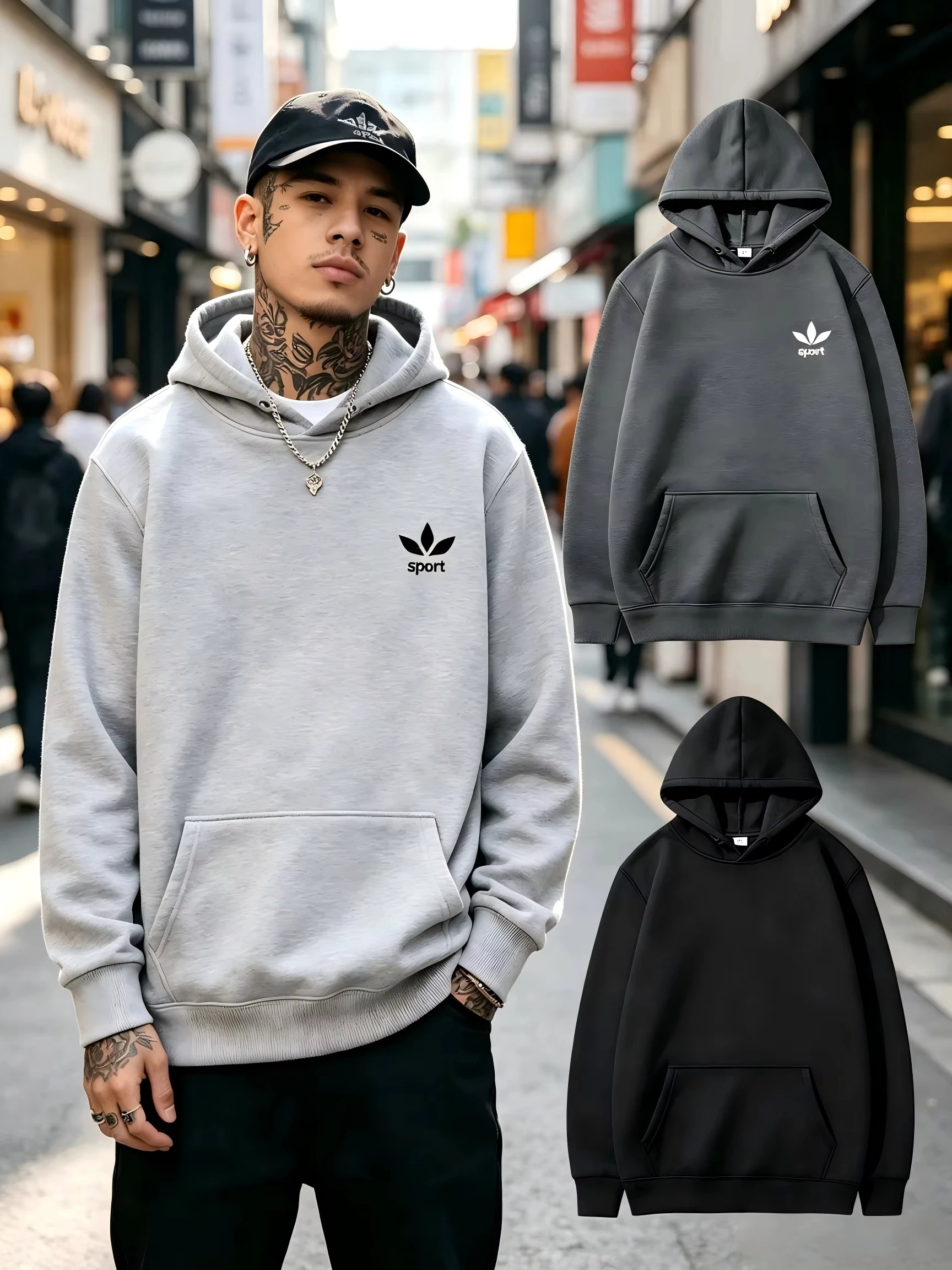 2026 New Fashion Trend Men's Sport Hoodie with Leaf Print, Casual Loose Long-Sleeved Streetwear for Daily Wear