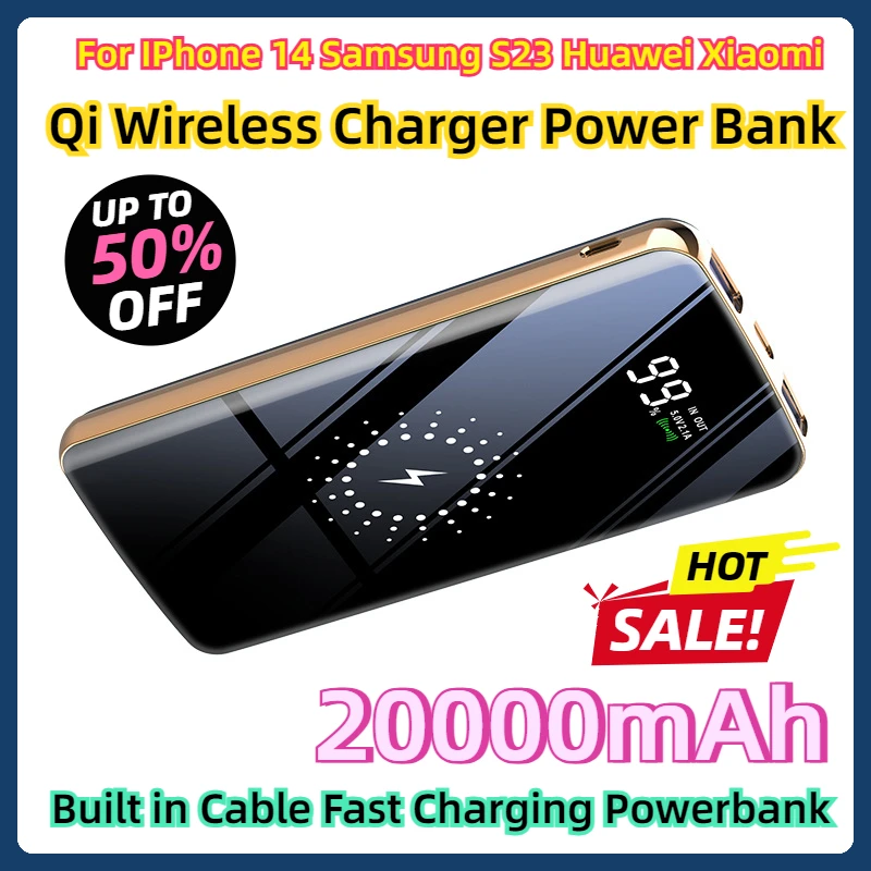 

For IPhone14 Samsung S23 Huawei Xiaomi Pover bank 20000mAh Qi Wireless Charger Power Bank Built in Cable Fast Charging Powerbank