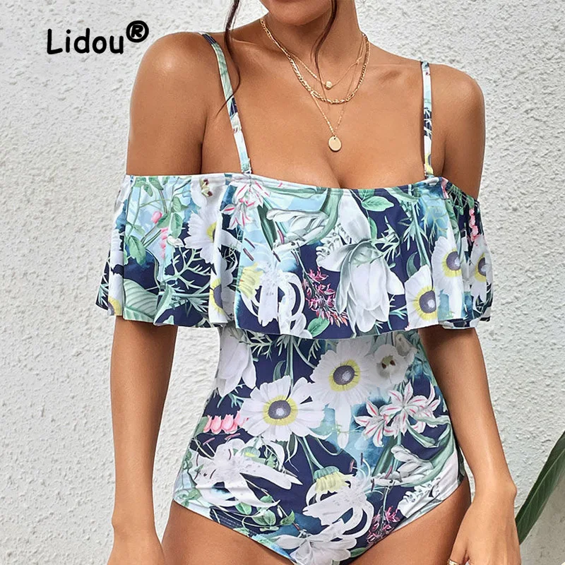 Fashion Printing Ruffles Sling Conjoined Body Swim Swimsuit New Short Sleeve Sand Casual Classic Off Shoulder Lady Swimwear