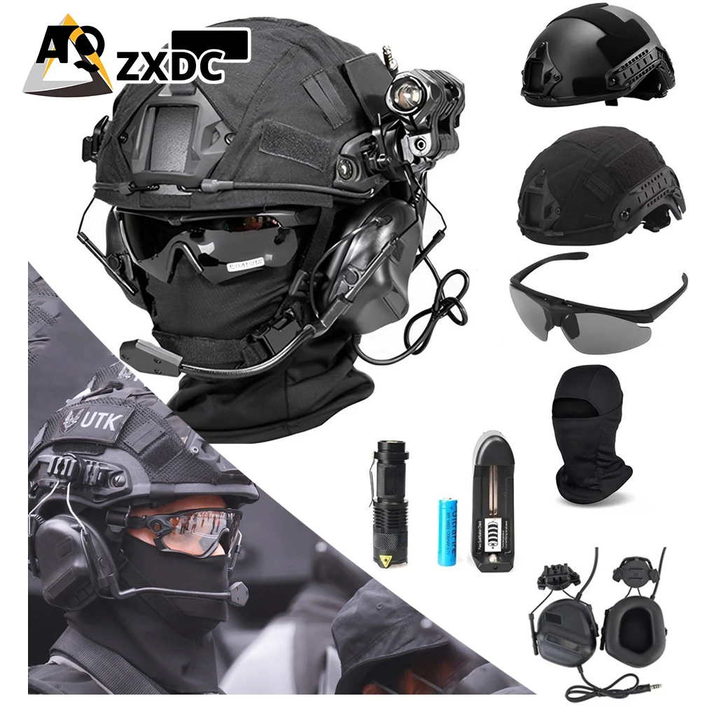 

1.5 Kg Black FAST Helmet Set, 8Mm Thick Tactical Training Helmet, With Goggles, Flashlight, Hood, Headset