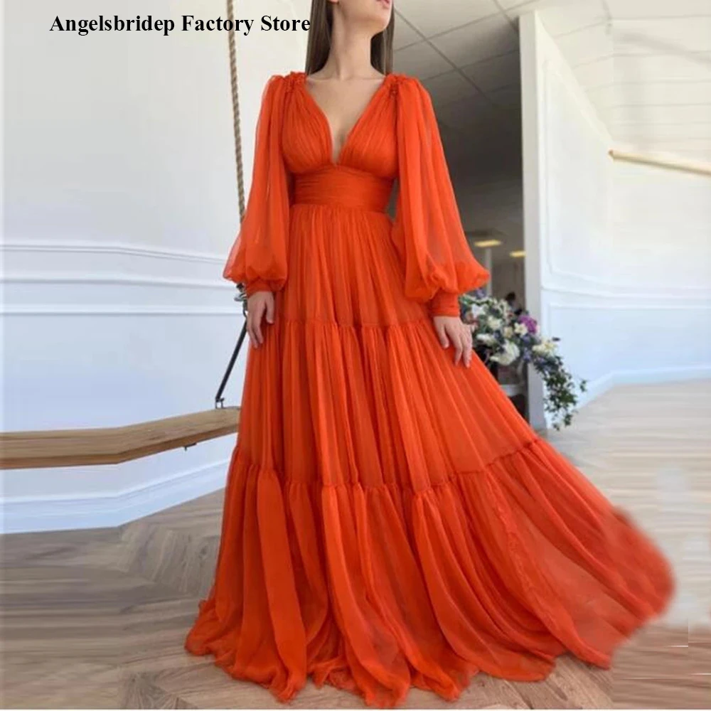 ANGELSBRIDEP Vivid Orange Evening Dresses Deep Cleavage Puff Long Sleeves Prom Celebrity Gowns Special Occasion Dress Customized