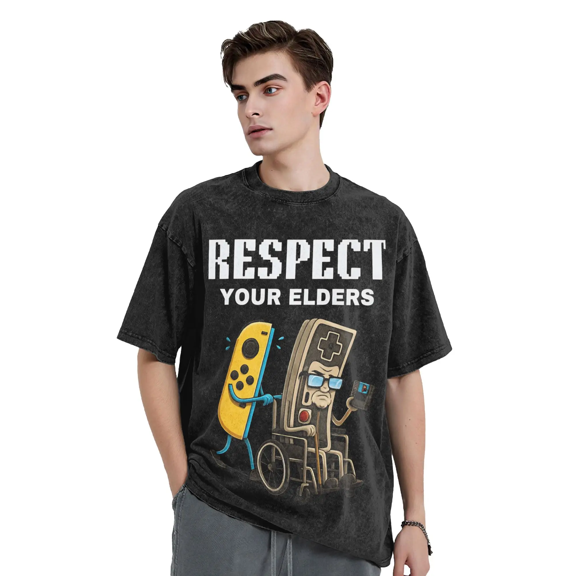 Respect Your Elders   Gaming Humor Washed T Shirt Men Women Pure Cotton Casual T-Shirts O Neck  Tees Short Sleeve Clothes Summer