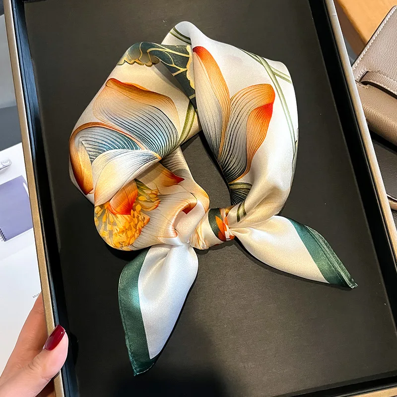 2024 New Women Square 100% Silk Scarf Foulard Bandana Lady Floral Scarves for Hair Bands Neckerchief Spring Bag Ties 53cm