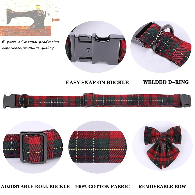 Unique Style Paws  Christmas Dog Collar,  Christmas Dog Collar with Flower Bowtie for Small Medium Large Dog