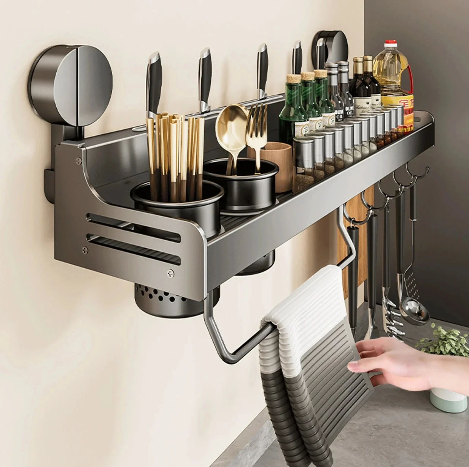 Suction Cup Kitchen Organizer Shelf Wall-mounted Spice Storage Rack Wall Seasoning for Chopstick Spoon Kitchen Knife Holder