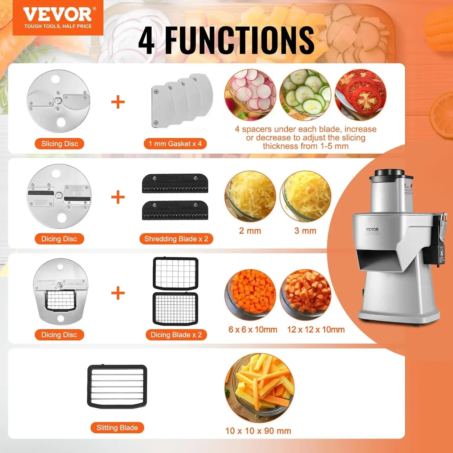 Electric Vegetable Slicer, 4 in 1 Multifunctional Food Cutter, 200W Vegetable Chopper for Slicing Shredding Dicing and Slitting