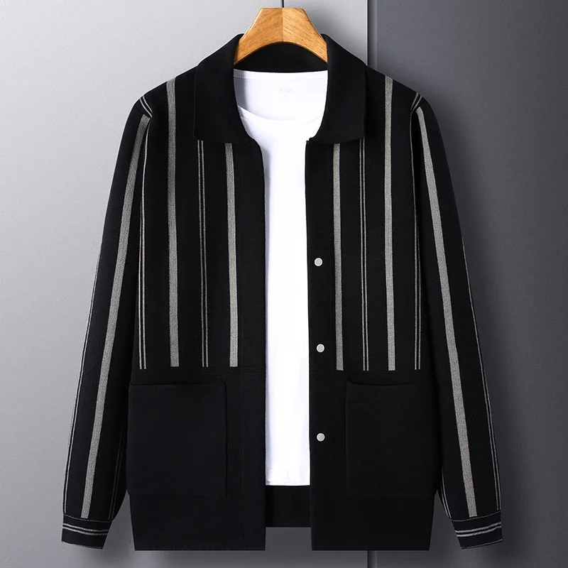 

Original Brand Men's Lapel Knitted Cardigan Autumn Winter New Arrival Striped Pocket Long Sleeve Coat Business Commute Menswear
