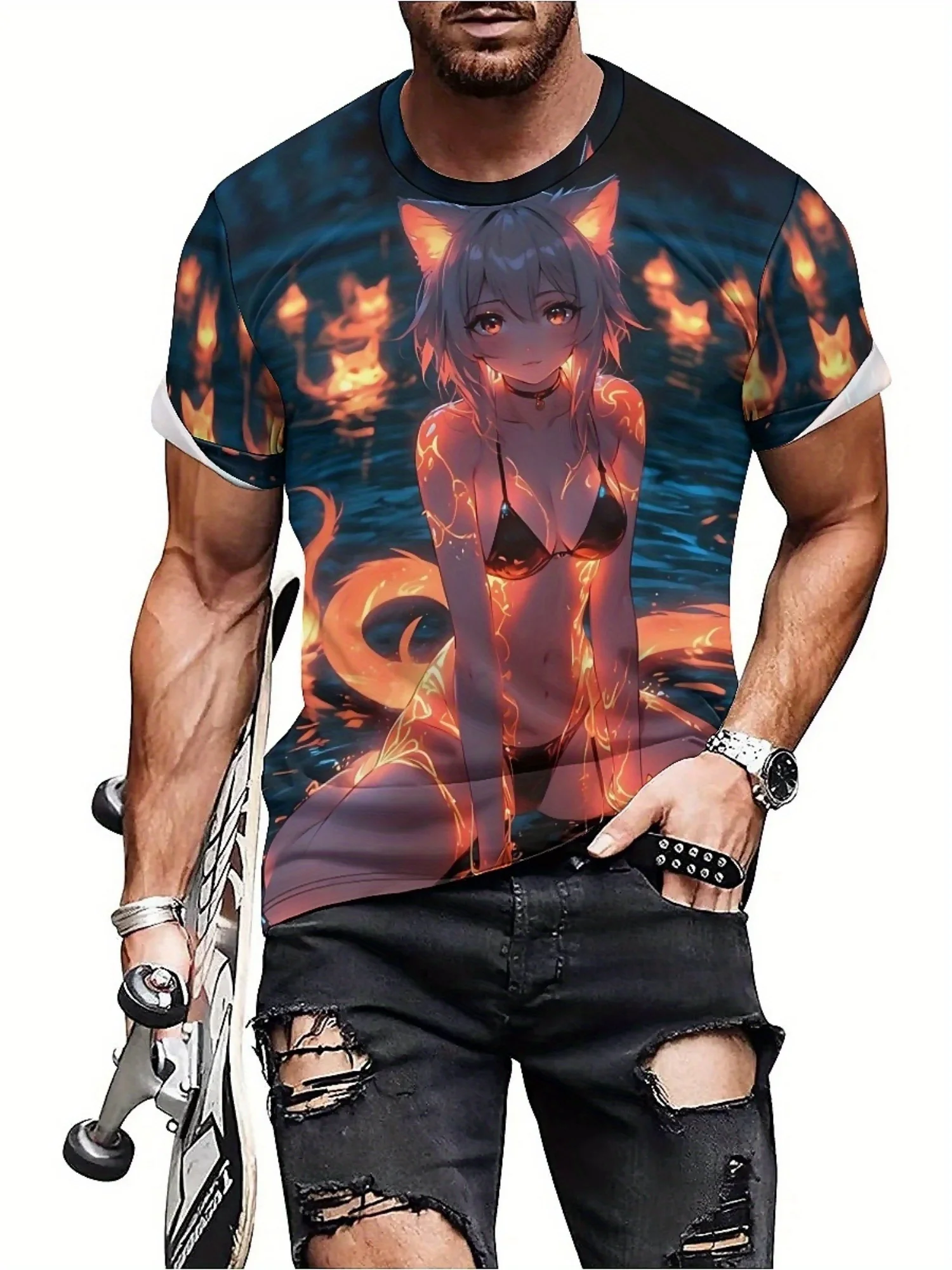 Men'S Plus Size 3D Anime Print T-Shirt - Short Sleeve, Crew Neck, Polyester, Minimalist Fashion, Harajuku Style