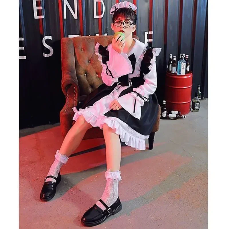 Kobiety Pokojówka Strój Lolita Cosplay Śliczny Seksowny Erotyczny Kawaii Cafe Kostium Czarny Biały Mężczyźni Uniform Fartuch Sukienka Śliczna