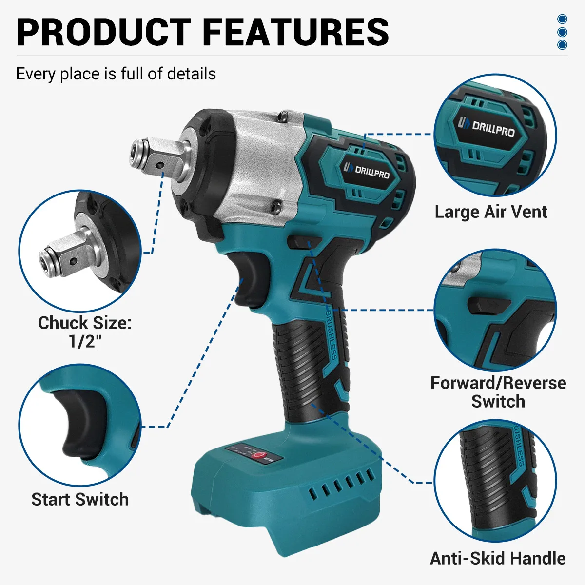 Drillpro 500N.m Brushless Electric Impact Wrench Wireless 1/2inch Cordless Wrench Drill Power Tools for Makita 18V Battery