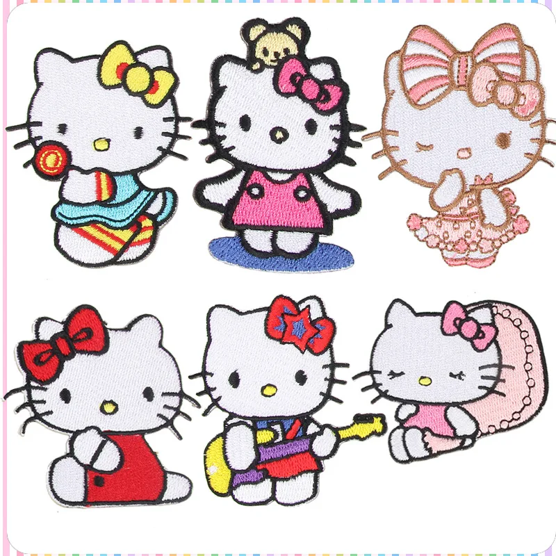 Parche de tela bordado autoadhesivo de Hello Kitty Sanrio para niña, parche de planchado con pegamento de dibujos animados, ropa de moda, regalos Kawaii en la espalda