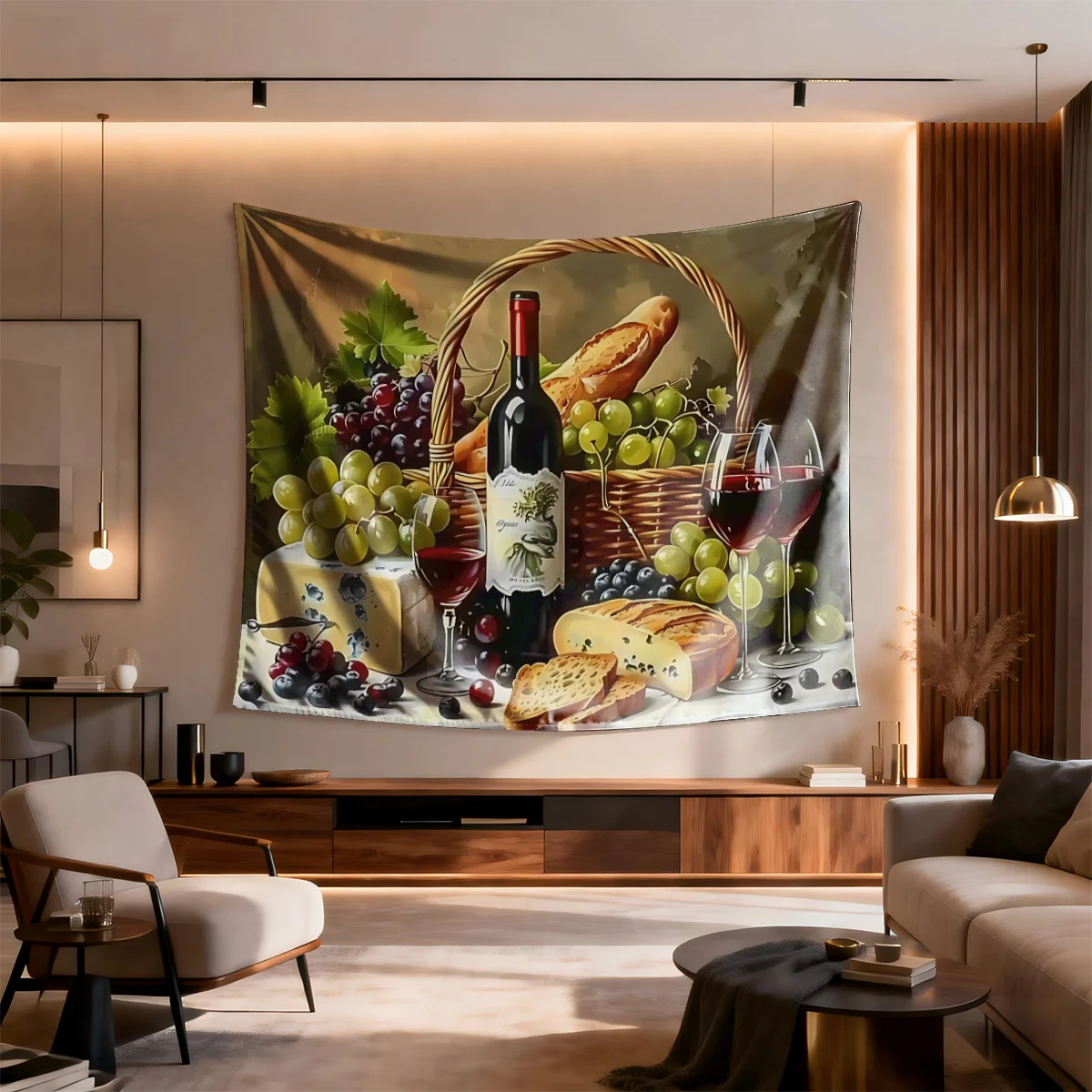 Vintage Still Life Tapestry - Red Wine Cheese and Bread Basket, Classic Oil Painting Art, Rustic Kitchen Wall Decor, Polyester
