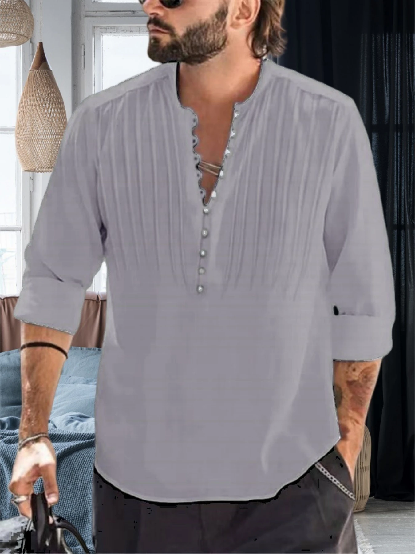 Spring and autumn new style men's casual fashionable long-sleeved shirt, plain color comfortable multi-pleated shirt