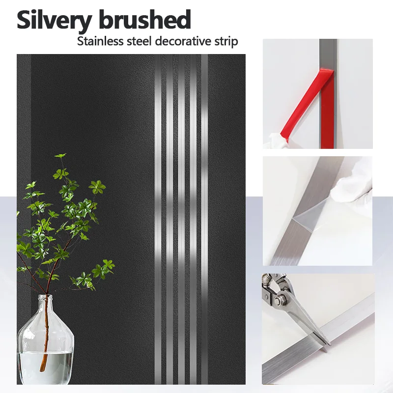 2.4-Meter Self-Adhesive Brushed Stainless Steel Decorative Strip, No Need For Drilling, Easy To Stick, Modern Home Decoration.