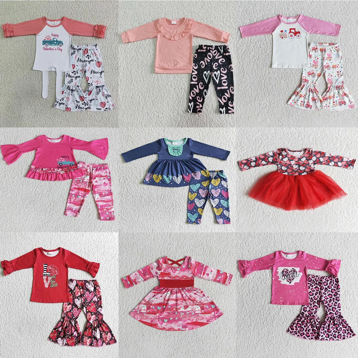 Kids Valentine's Day Clothes Long Sleeve Top With Pants Set And Dress Baby Girls Boutique Outfits