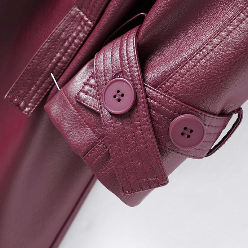 Classic Double-breasted Women's Wine Red Lace-up Belt Sheepskin Trench Coats Chic Ladies Lapel Long Split Leather Trench Outwear