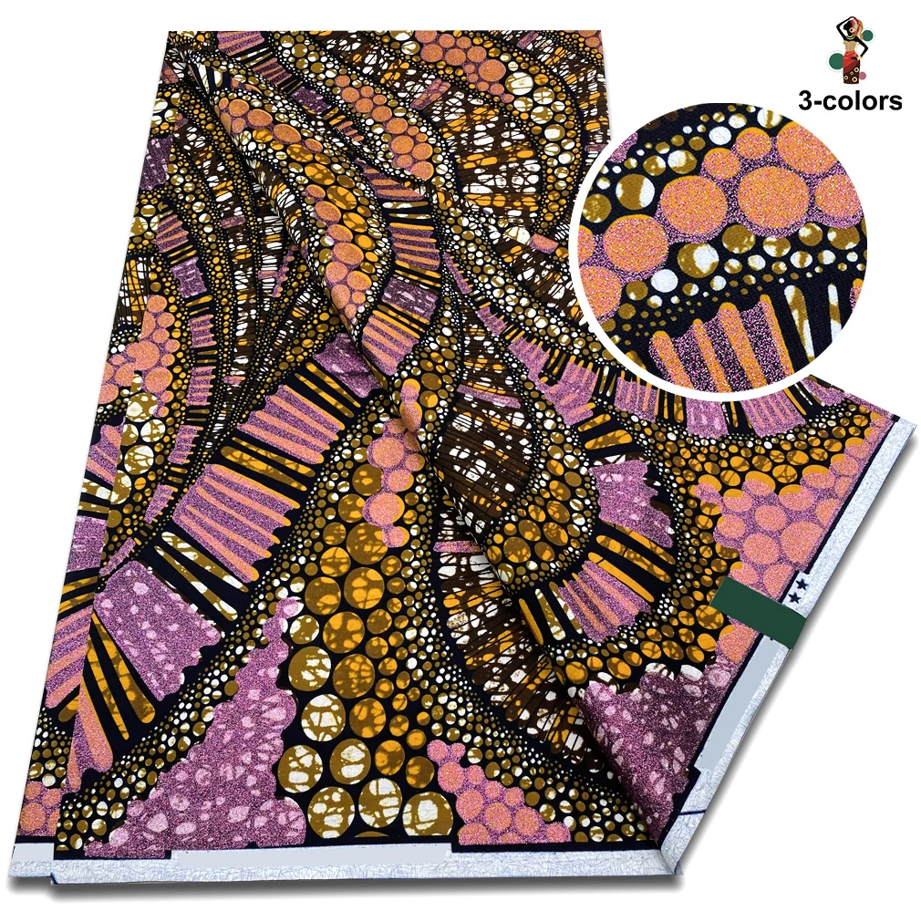 New African Fashion Glitter Grand Golden Wax Fabric High Quality Nigeria Gold Printed Ankara Wax Materials 6yards Women Pagne