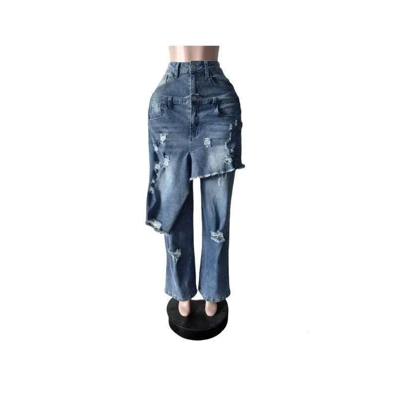 Fori Grembiule di jeans Pantaloni dritti Bottone Fly Gonna irregolare a vita alta Pantaloni jeans larghi a strati Moda donna Streetwear