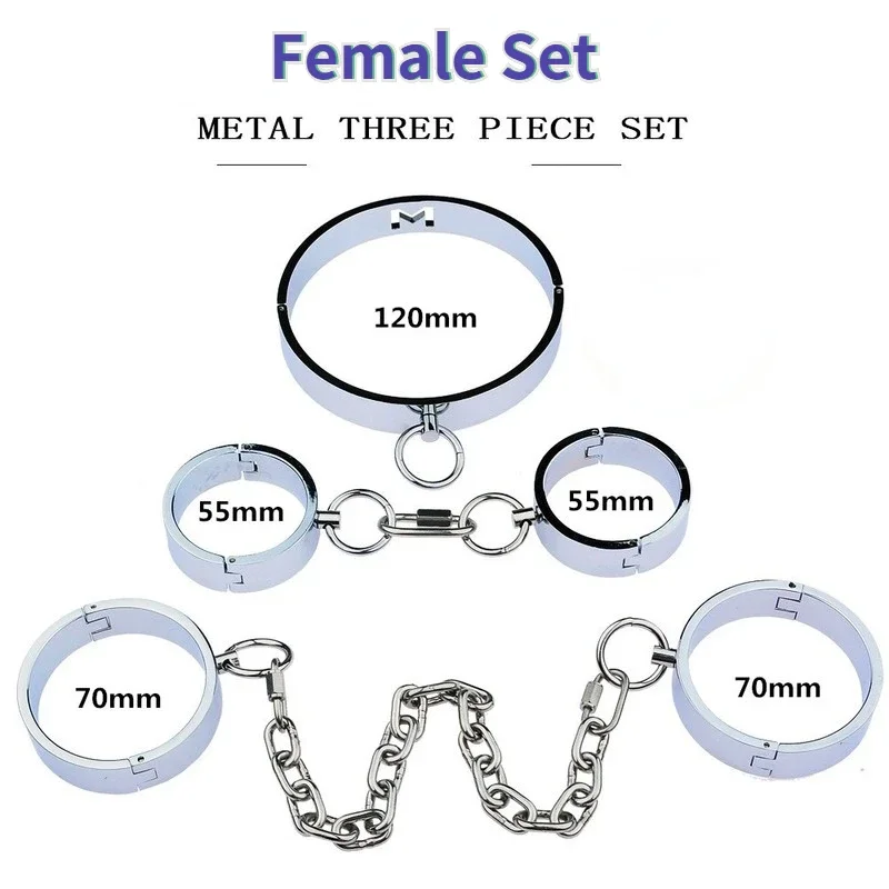 5Pcs Metal Handcuffs Ankle Cuffs Collar Restraint with Chain Heavy Duty Cuffs Slave Bondage Fetish Bdsm Sex Toys for Men Women