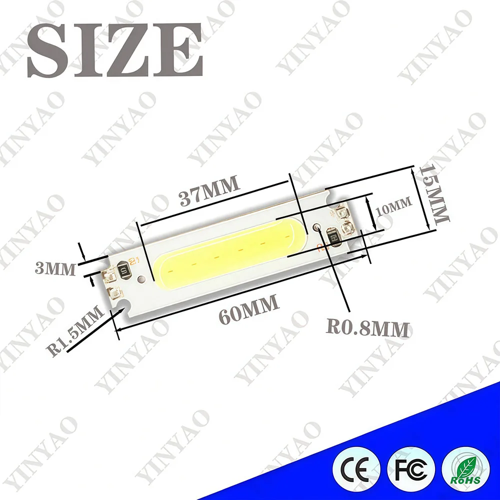 60x15MM 2W COB Chip LED Light Lamp 12V White Yellow Blue Red Green Pink Purple Color LED Bulb DIY Lighting 60mm COB Board