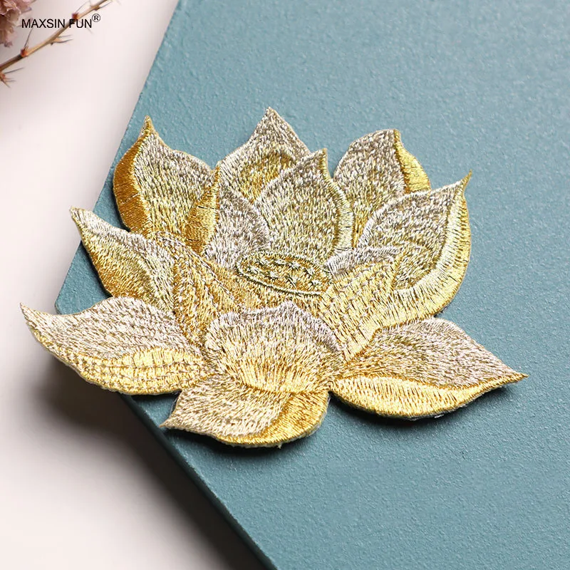 1 Piece Iron on Embroidery Lotus Stickers DIY Cheongsam Box Bag Patch Decoration Gold Blue Pink Orange Adhesive Backing