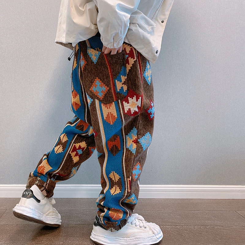 American Fashion Ethnic Style Geometric Pattern Casual Pants Men Clothing Korean Hip Hop Streetwear Straight Trousers Sweatpants