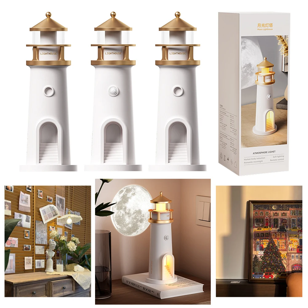 Lighthouse Moon Projection Light Beacon Projector Light Decorative Small Night Light Creative Desktop Light for Home Decor