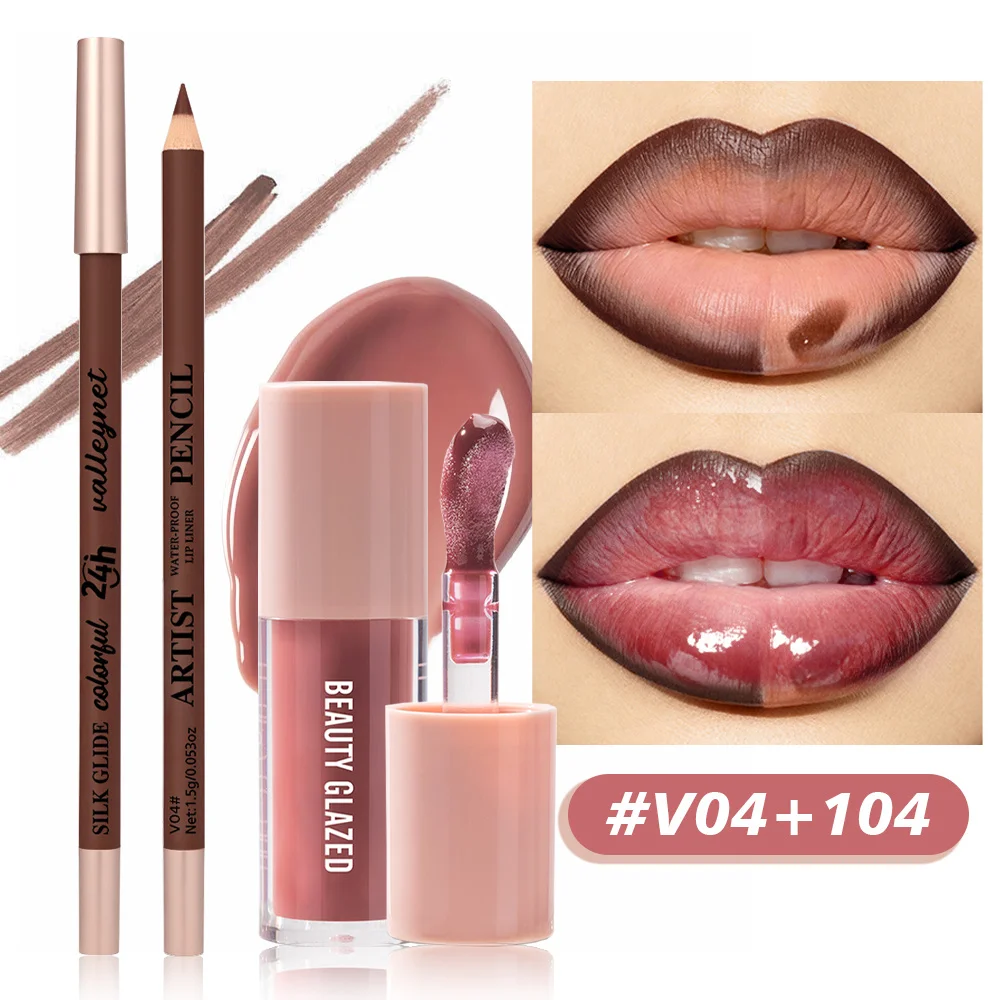 2 unids/set delineador de labios de terciopelo mate + juego de esmalte de labios rosa desnudo conjunto combinado de labios resistente al agua de larga duración cosméticos tutoriales de maquillaje