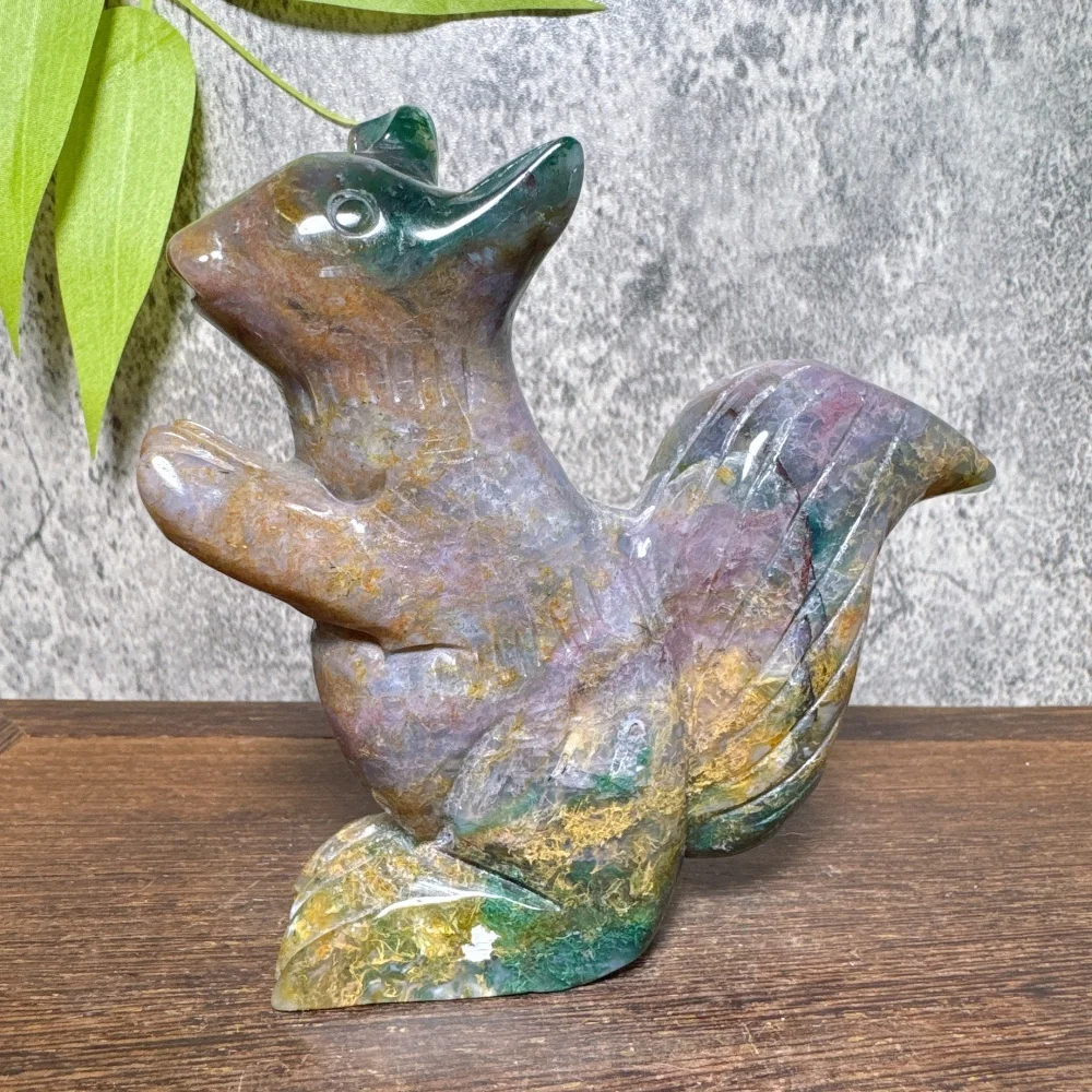 Natural Ocean Jasper Moss Agate Squirrel Carving Healing Stone Tabletop Ornament Reiki Energy Healing Home Decor Gift