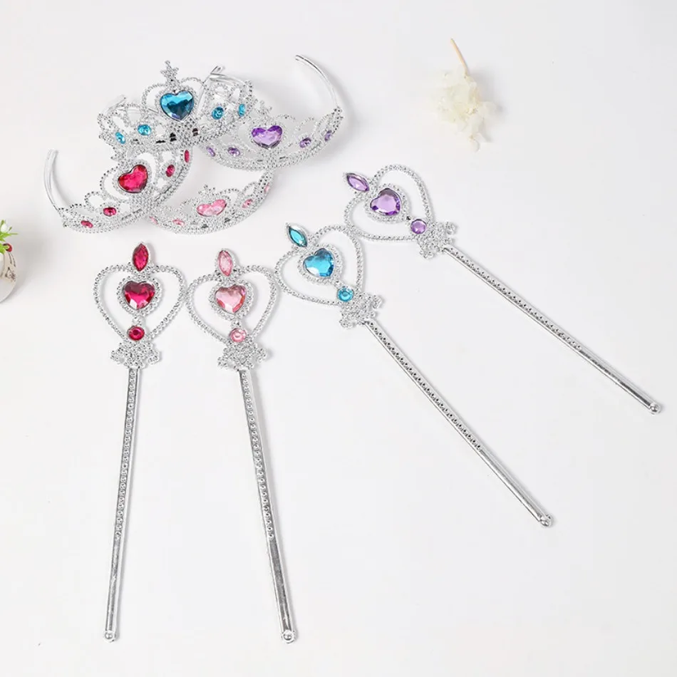 4pcs Queen Crown Frozen Blue Crown Magic Wand Kids Princess Magic Wand Fairy Wand Girls Show Dress Up Pink Purple Rose Headwear