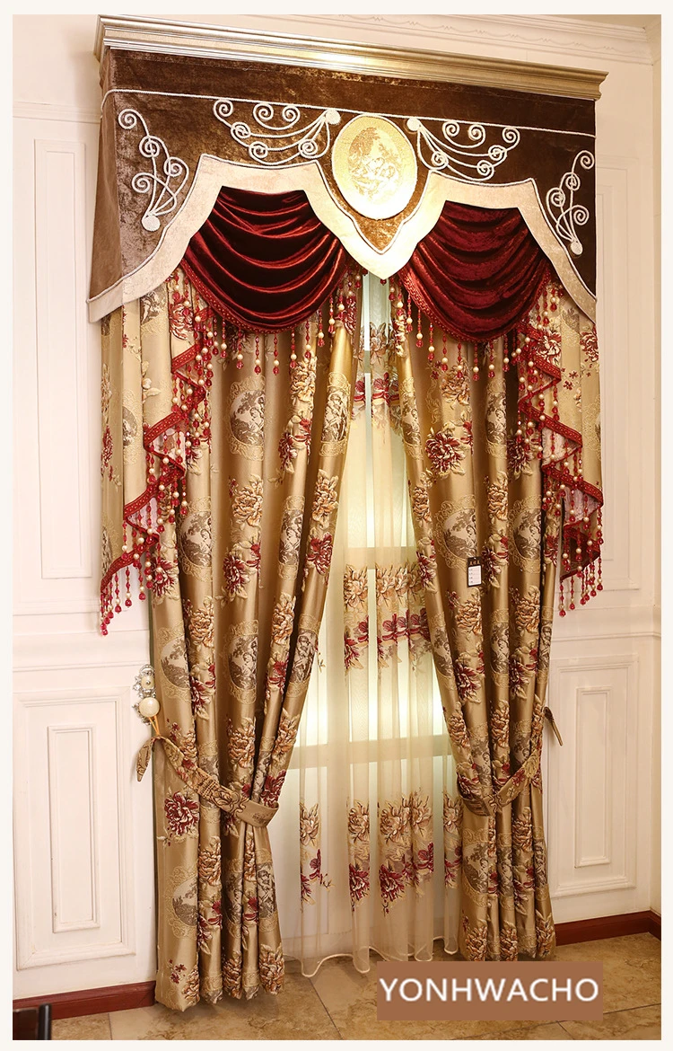 Custom high-grade high precision jacquard European living room brown  cloth blackout curtain tulle valance drape C1622