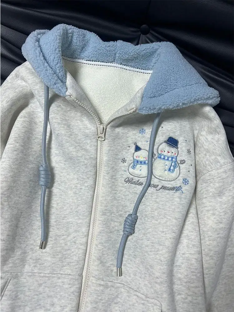 Cardigan ouvert à capuche pour femme, sweat-shirt rétro brodé, vêtements d'extérieur amples, tendance hiver 2025, nouveau style coréen