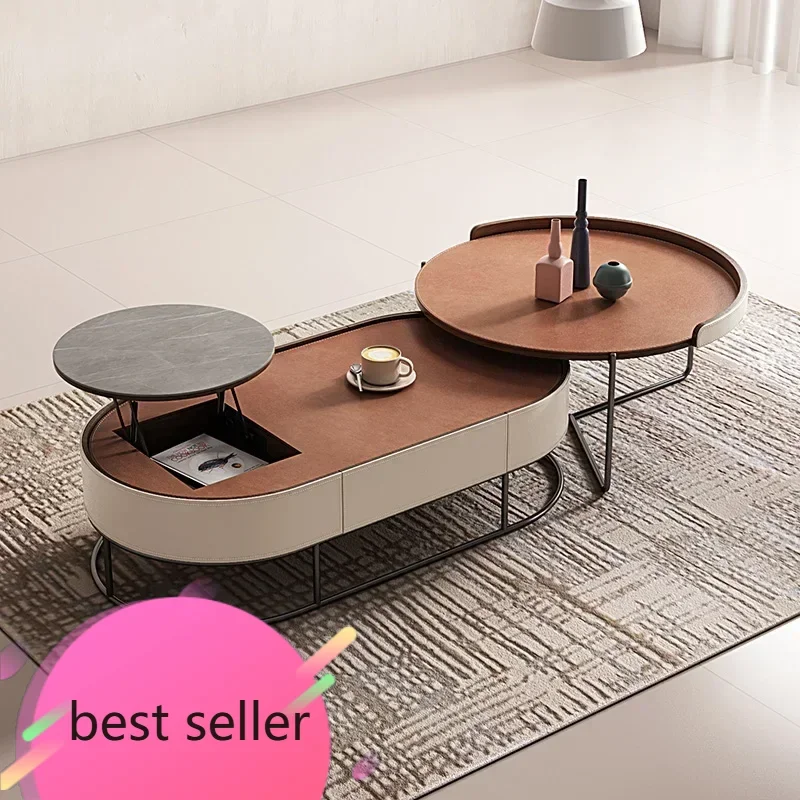

BJ Lifting Coffee Table Minimalist Italian Living Room Home Designer Model Saddle Leather Combined Tea Table