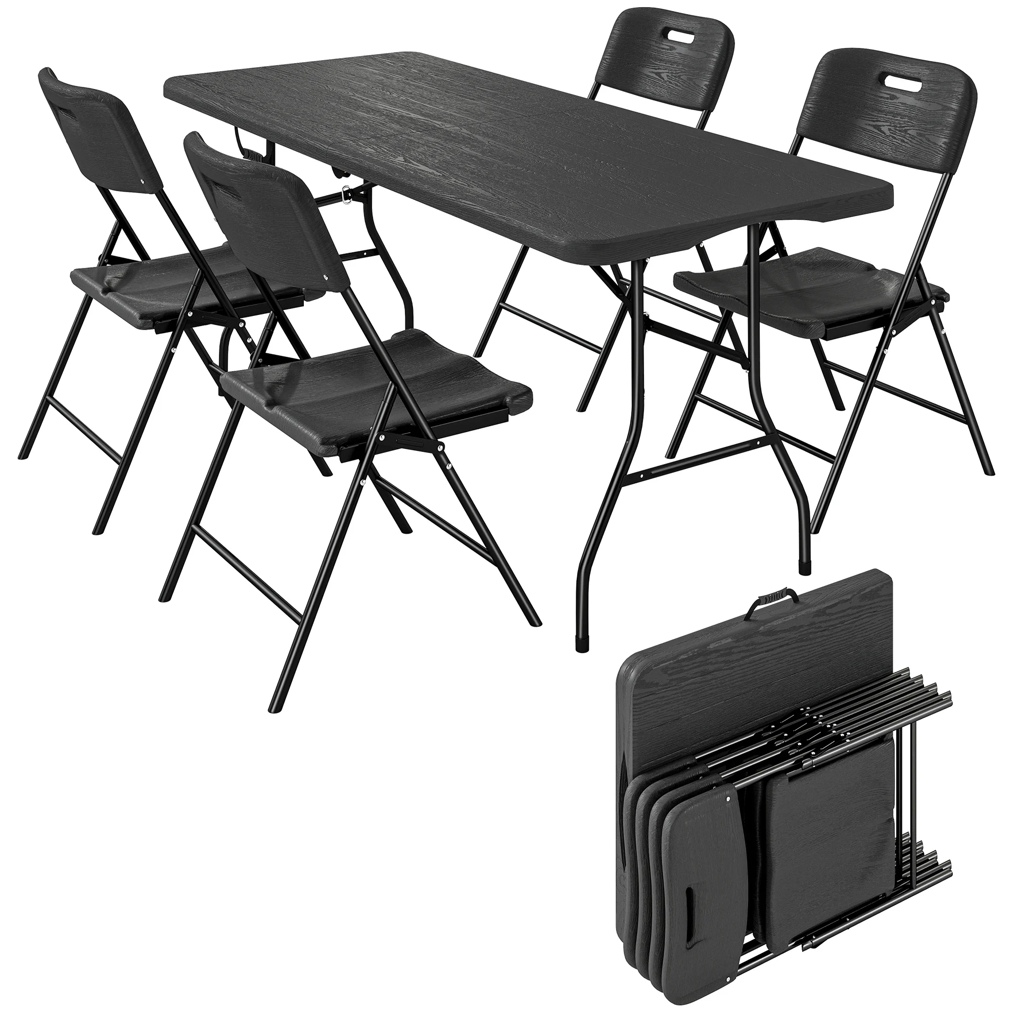 Outsunny Conjunto de Camping Plegable con Mesa y 4 Sillas Negro
