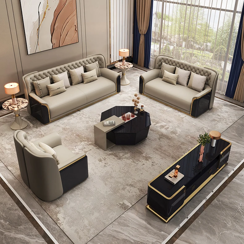 #Italian Luxury Style Modern Sectional Beige Leather Convertible Sofa Light Luxury Tufted Design Living Room Sofa Set Mall Hotel