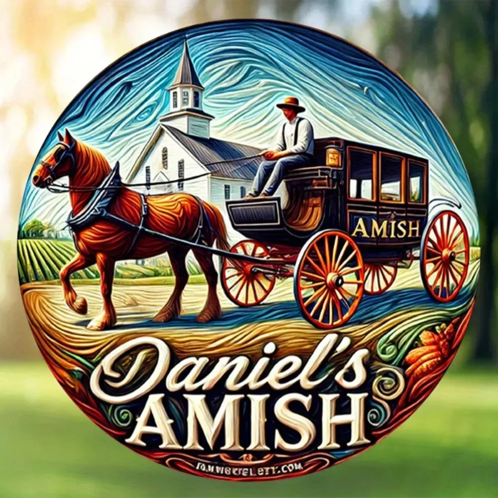Daniel's Vintage Amish Carriage Round Metal Sign - Amish Landscape Wall Art for Home Bar Cafe Club Dorm Decor