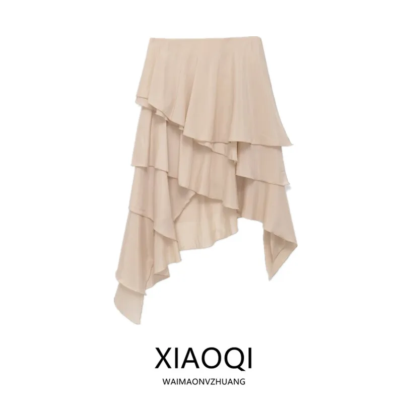 

Spring 2026 Women's Mid-Waist Layered Decorative Design Skirt Fashionable Asymmetrical Loose Fit Skirts for Ladies