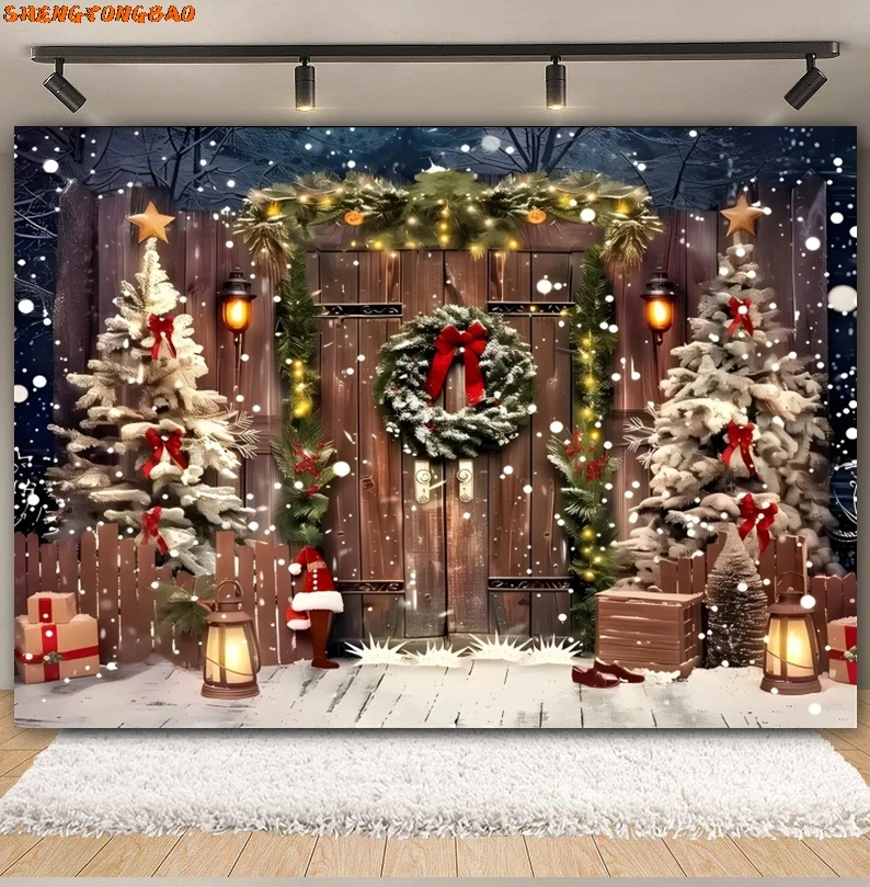 ฤดูหนาวคริสต์มาสฉากหลังXmas Treeหน้าต่างไม้ประตูของขวัญเกล็ดหิมะเด็กPortraitครอบครัวการถ่ายภาพพื้นหลังตกแต่ง