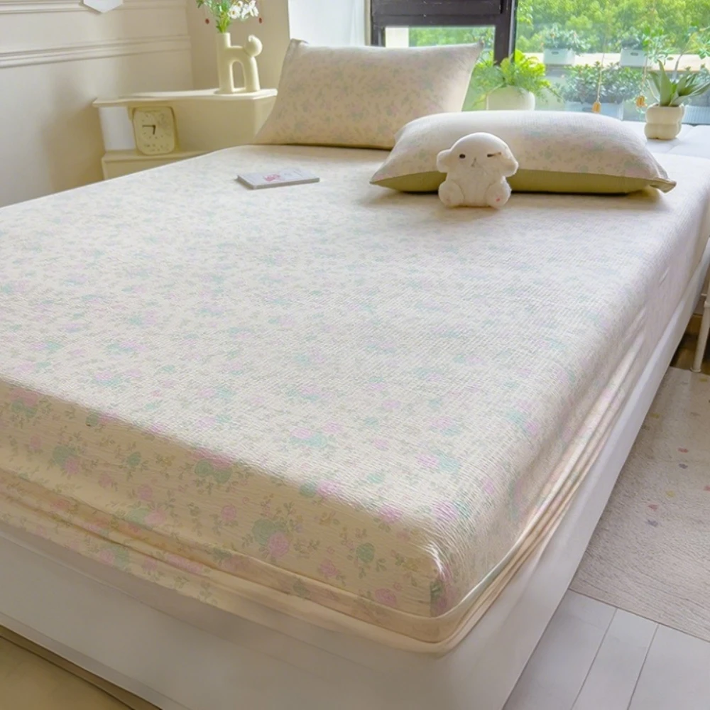 Skin-friendly Fitted Sheet Set Washed Cotton 360° Wrap-around Elastic Bed Cover Printed Non-slip Mattress Protector for Bedroom