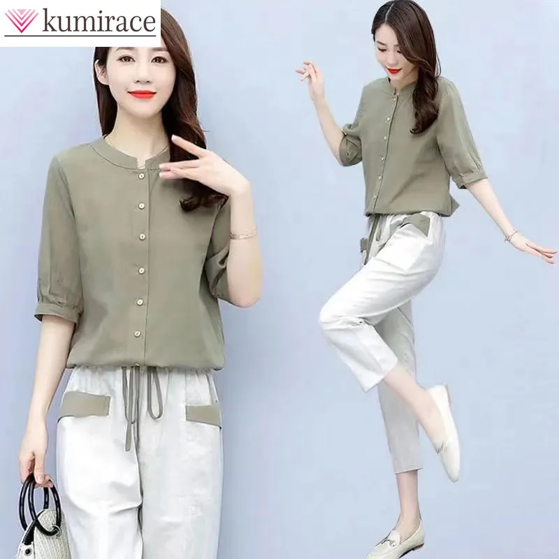 

Summer New Simple Button Chiffon Shirt Blouse Lace Up Wide Leg Pants Two Piece Elegant Women's Pants Set Casual Outfits