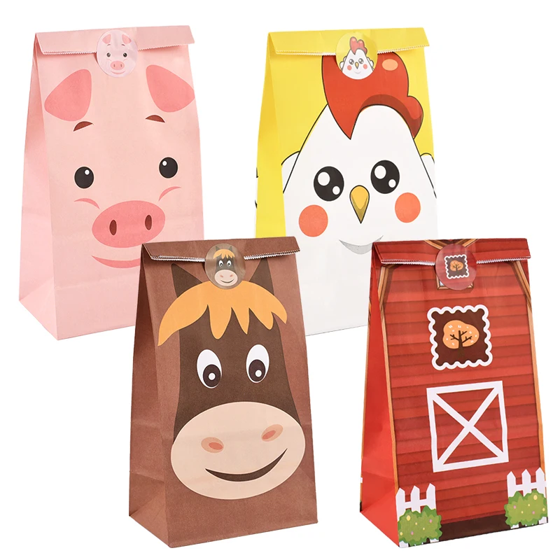 

13pcs Cartoon Animal Candy Bags With Sticker Cow Pig Sheep Biscuit Bag For Kids Animal Themed Birthday Party Gifts Packing Decor