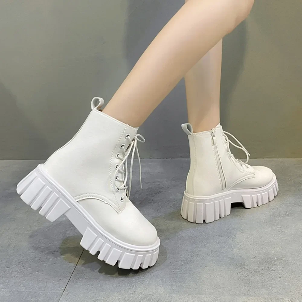 Chunky Platform White Ankle Boots Women Autumn Winter Pu Leather Combat Booties  Punk Thick Bottom Motorcycle Boots