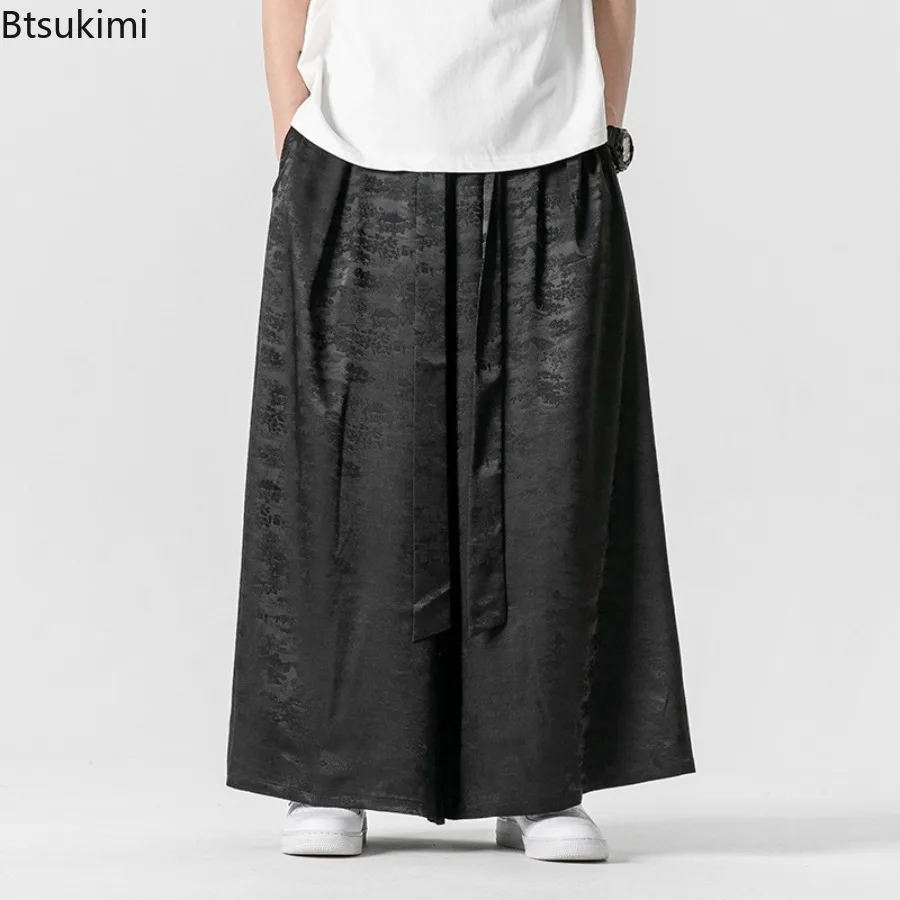 Summer New Men's Cotton Linen Wide Leg Pants Vintage Print Loose Casual Trousers Trend Streetwear Chinese Style Men Hanfu Pants