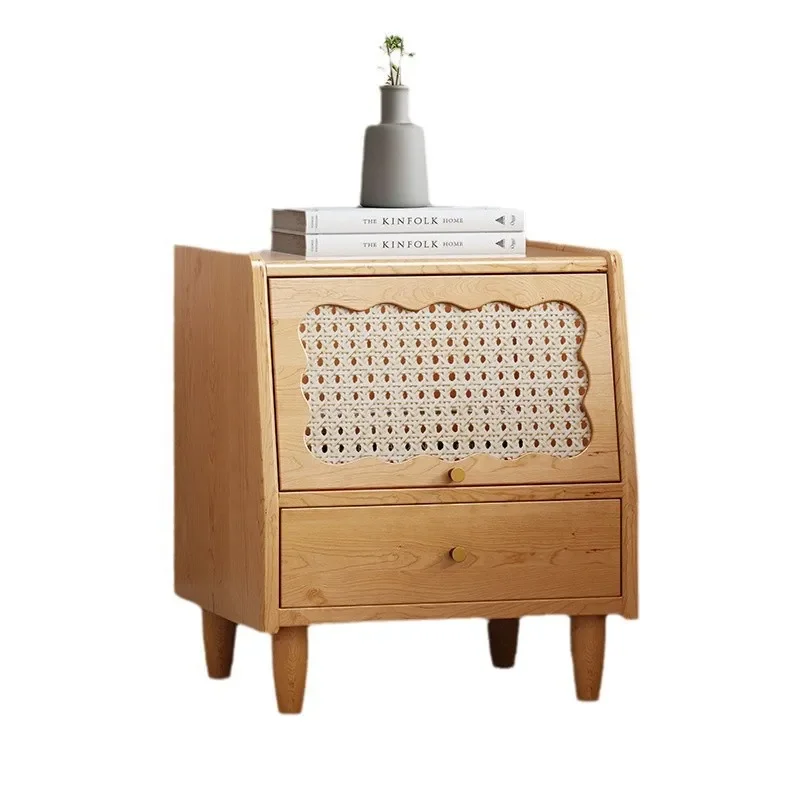 French Retro Solid Wood Rattan Nightstand Small Bedroom Storage Cabinet Vintage Side Table Locker