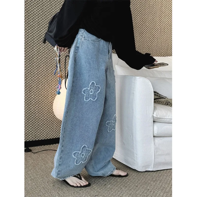 

Джинсы прямого кроя с вышивкой в непринужденном стиле, женские, повседневные, модные, универсальные, с высокой талией, из денима с покрытием, с цветочным принтом